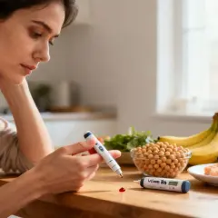 Frau mit Blutzuckermessgerät, besorgt über mögliche B6-Mangel-Symptome. Auf dem Tisch liegen gesunde Lebensmittel wie Lachs, Kichererbsen und Bananen.