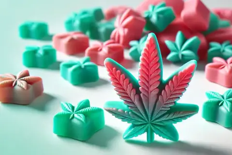 Bunte CBD Gummibärchen in Form von Cannabisblättern und Geschenken.