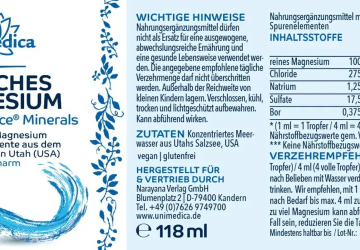 Unimedica Ionisches Magnesium: Natürliches Magnesium und Spurenelemente aus dem Großen Salzsee in Utah (USA). Enthält elementares Magnesium.