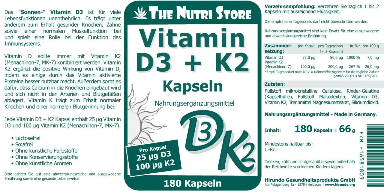 Vitamin D3 + K2 Kapseln: Die Wirkung von Vitamin D3 und K2 unterstützt Knochen, Zähne und Immunsystem. 180 Kapseln.