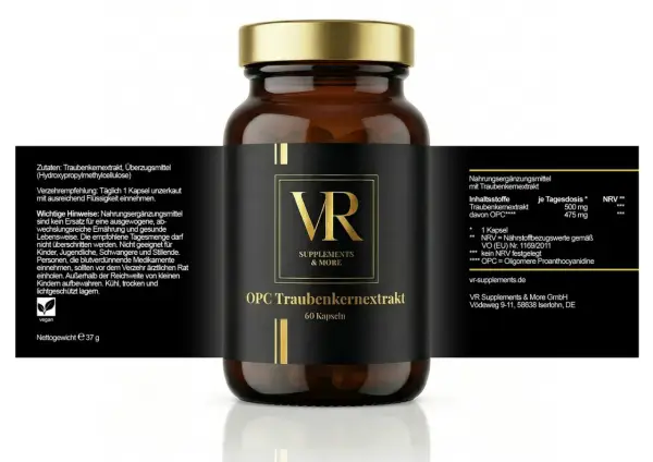 Braune Glasflasche mit VR OPC Traubenkernextrakt Kapseln. Gut für die Unterstützung bei Diabetes.